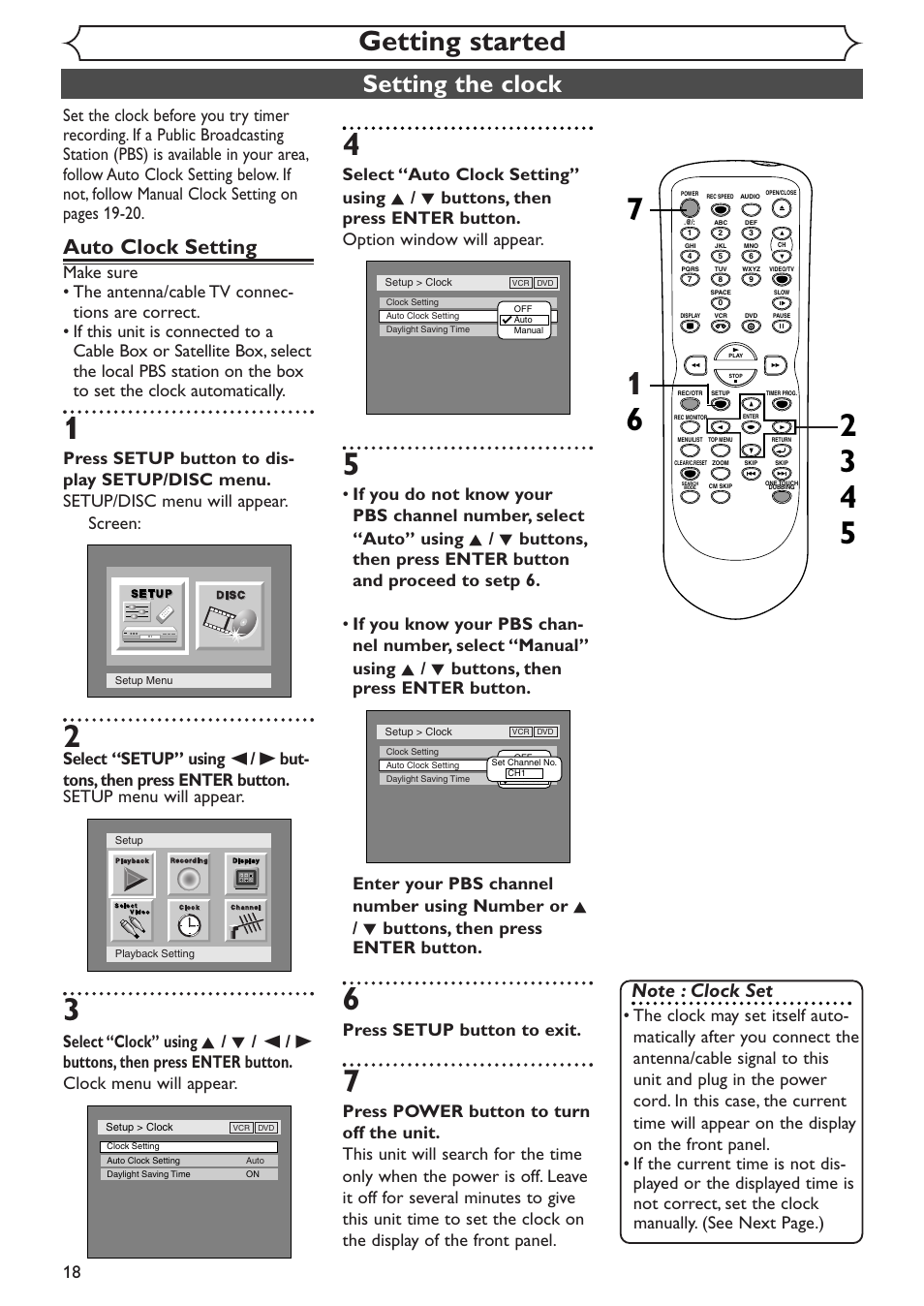 Getting started, Setting the clock, Auto clock setting | Press setup button to exit | Sylvania SRDV495 User Manual | Page 18 / 108