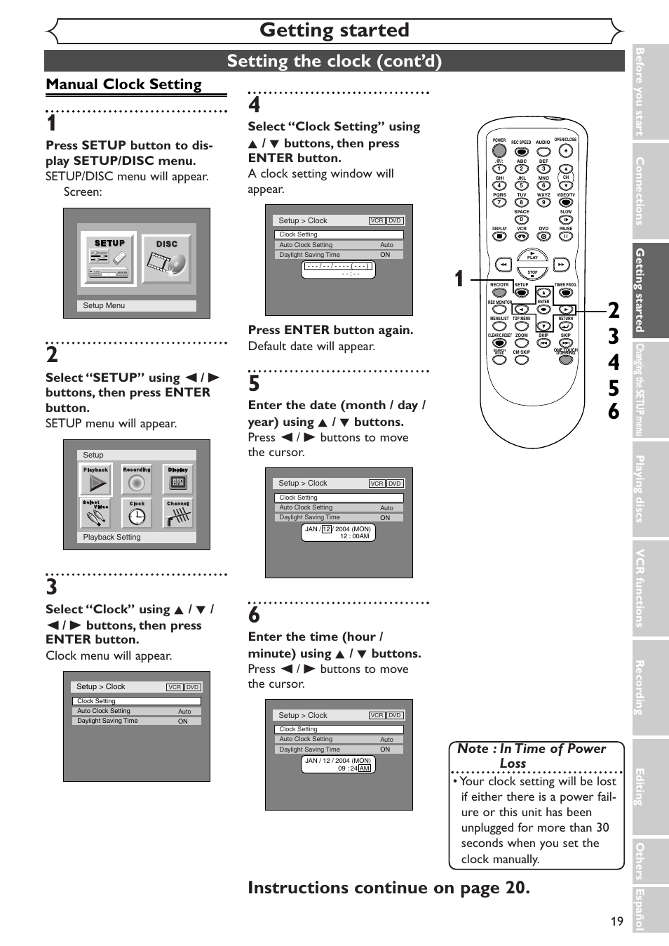 Getting started, Setting the clock (cont’d), Instructions continue on page 20 | Manual clock setting | Sylvania SRDV495 User Manual | Page 19 / 108