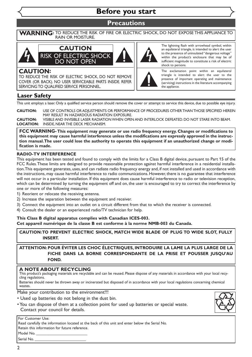 Before you start, Precautions, Warning | Caution, Caution risk of electric shock do not open, Laser safety | Sylvania SRDV495 User Manual | Page 2 / 108