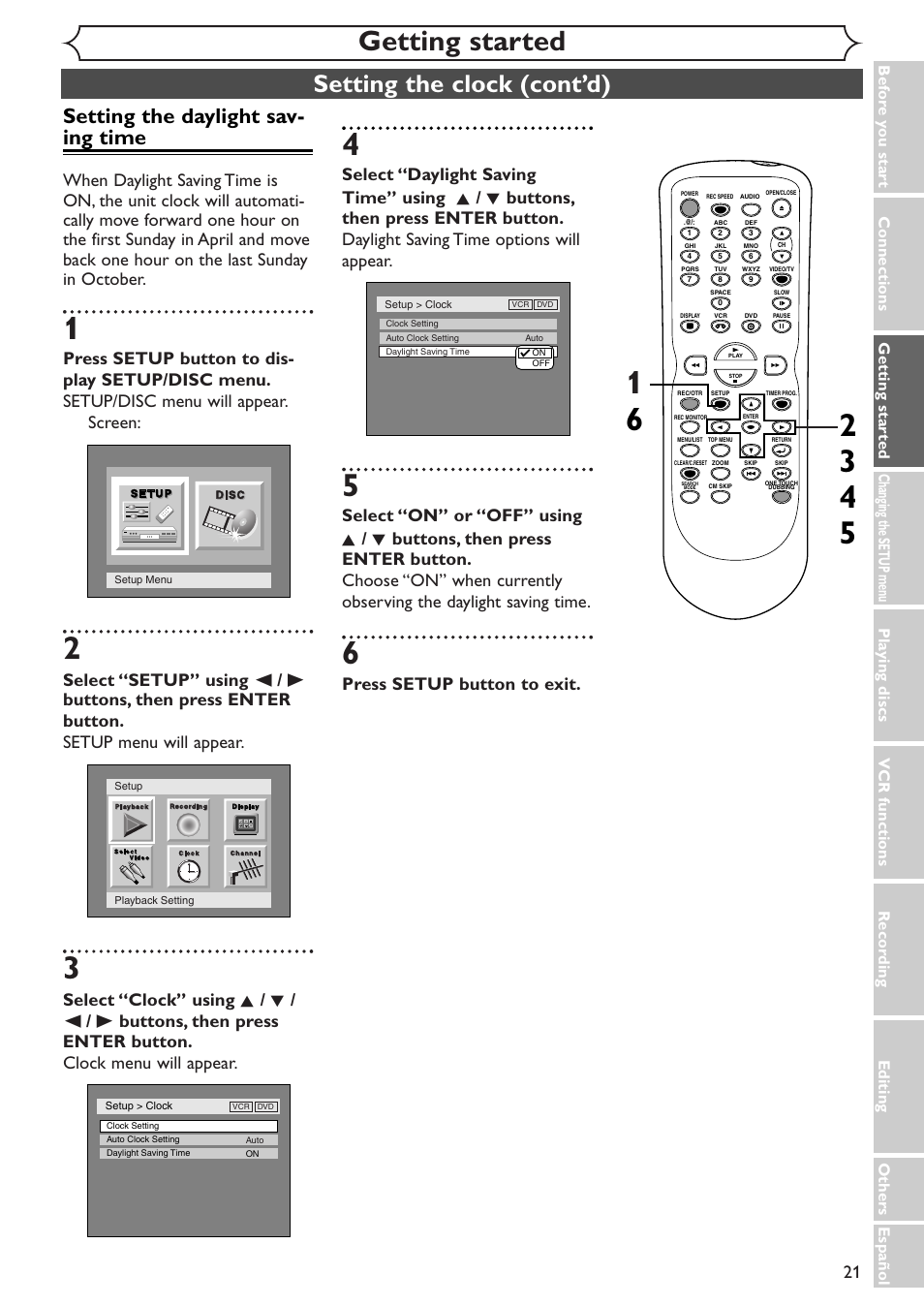 Getting started, Setting the clock (cont’d), Setting the daylight sav- ing time | Press setup button to exit | Sylvania SRDV495 User Manual | Page 21 / 108