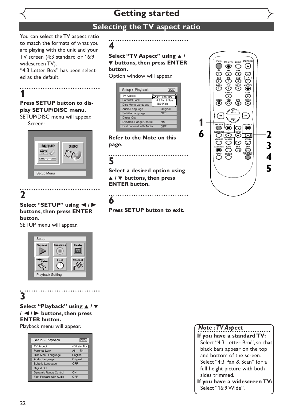 Getting started, Selecting the tv aspect ratio, Press setup button to exit | Sylvania SRDV495 User Manual | Page 22 / 108