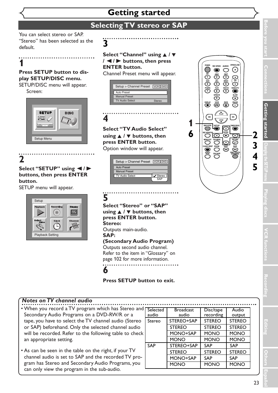 Getting started, Selecting tv stereo or sap, Press setup button to exit | Sylvania SRDV495 User Manual | Page 23 / 108