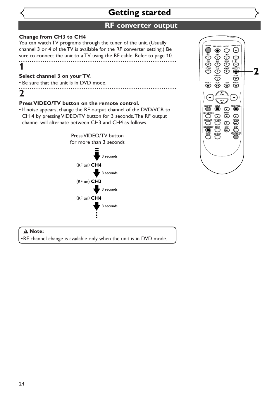 Getting started, Rf converter output | Sylvania SRDV495 User Manual | Page 24 / 108