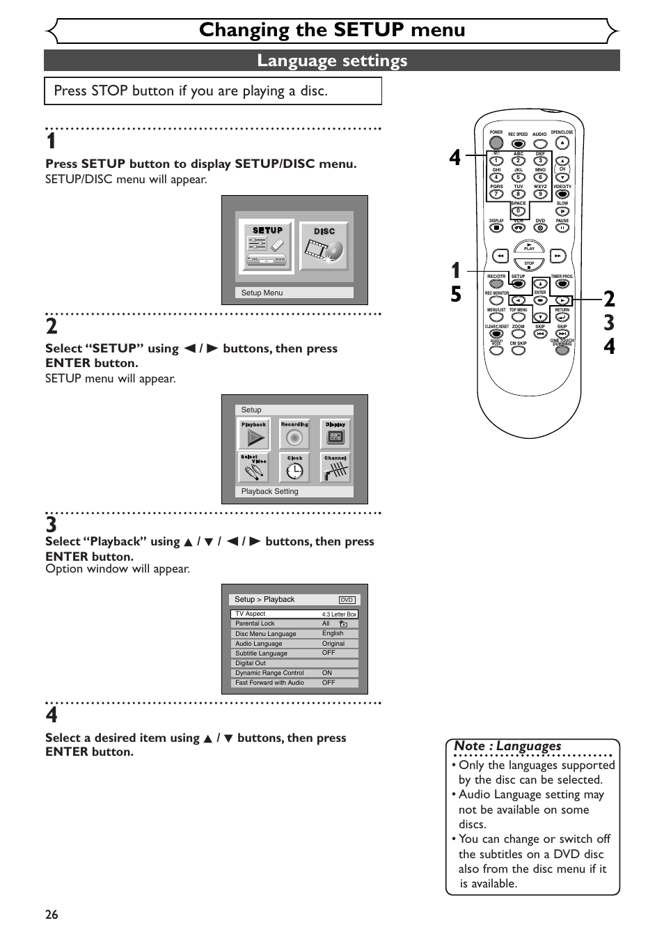 Changing the setup menu, Language settings, Press stop button if you are playing a disc | Sylvania SRDV495 User Manual | Page 26 / 108