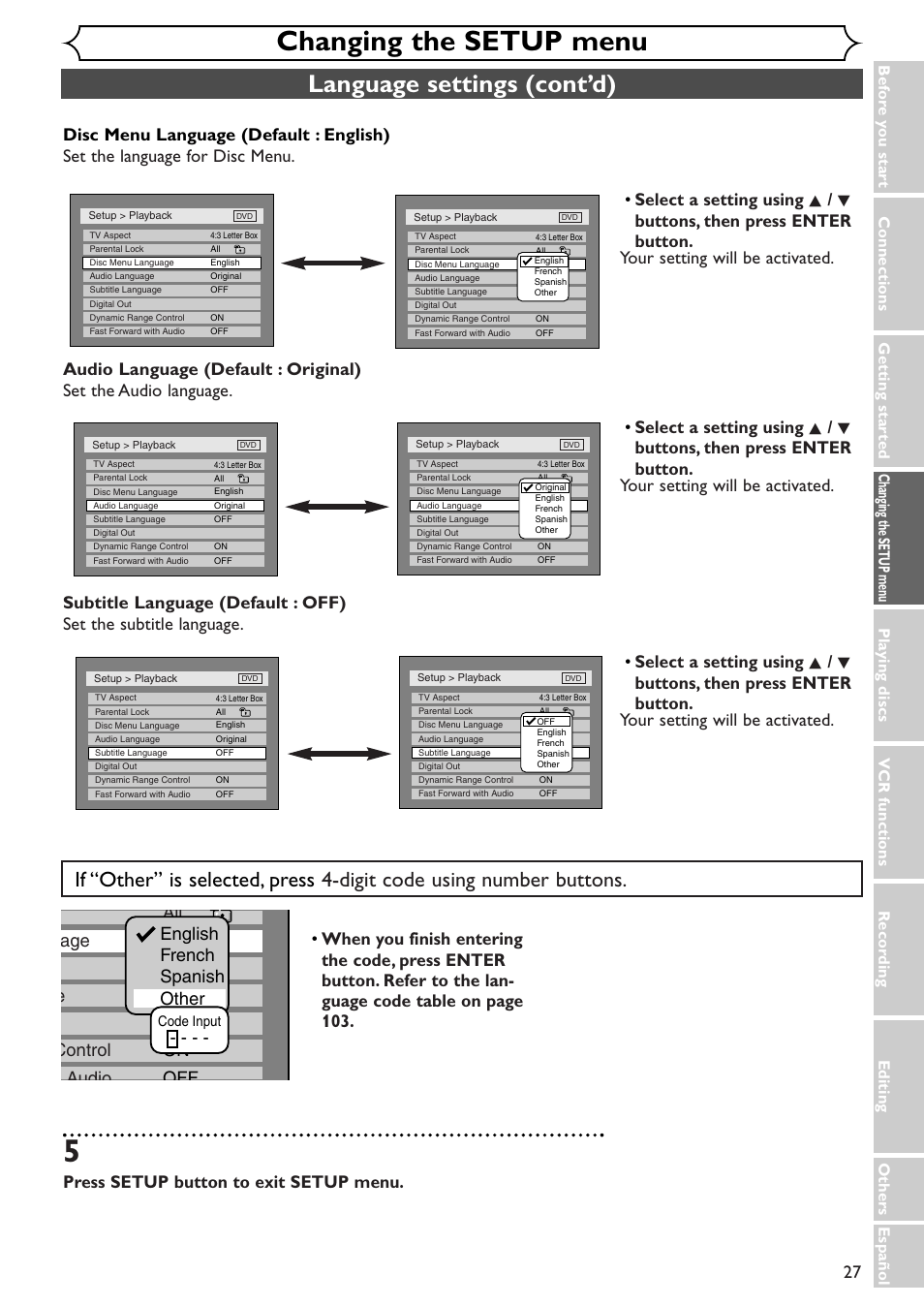 Changing the setup menu, Language settings (cont’d), Press setup button to exit setup menu | Sylvania SRDV495 User Manual | Page 27 / 108