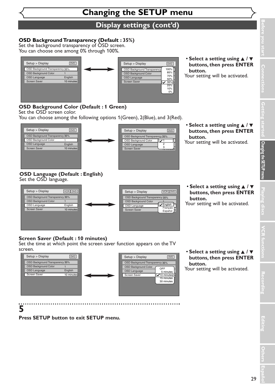 Changing the setup menu, Display settings (cont’d), Press setup button to exit setup menu | Sylvania SRDV495 User Manual | Page 29 / 108