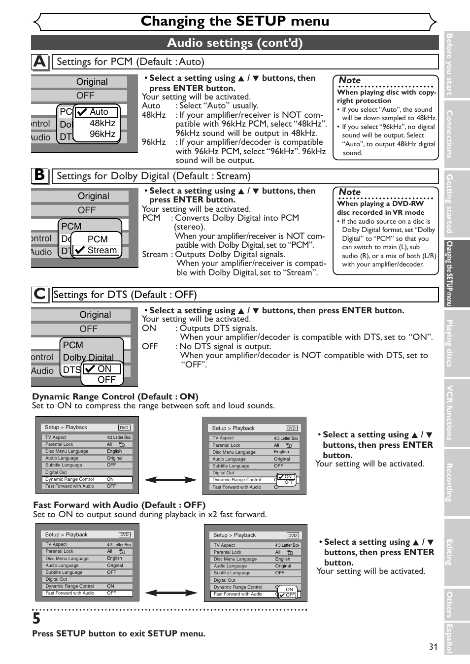 Changing the setup menu, Audio settings (cont’d), Settings for pcm (default : auto) | Settings for dolby digital (default : stream), Settings for dts (default : off), Press setup button to exit setup menu | Sylvania SRDV495 User Manual | Page 31 / 108