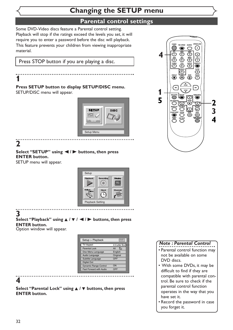 Changing the setup menu, Parental control settings, Press stop button if you are playing a disc | Sylvania SRDV495 User Manual | Page 32 / 108