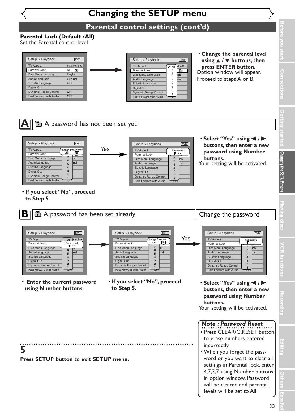 Changing the setup menu, Parental control settings (cont’d), A password has been set already | Change the password, A password has not been set yet, Press setup button to exit setup menu, If you select “no”, proceed to step 5. yes yes | Sylvania SRDV495 User Manual | Page 33 / 108