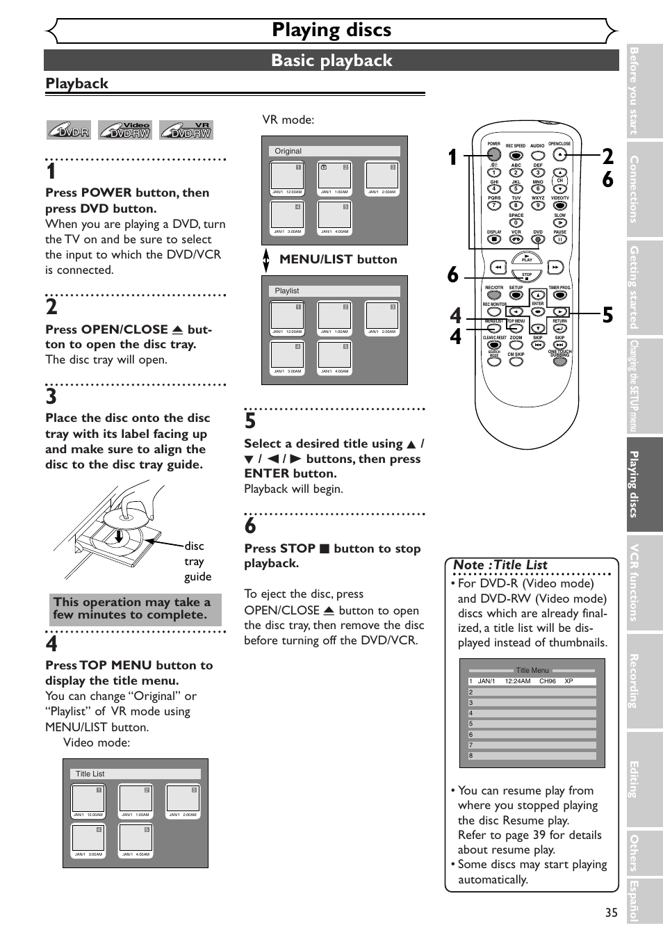 Playing discs, Basic playback, Playback | Sylvania SRDV495 User Manual | Page 35 / 108