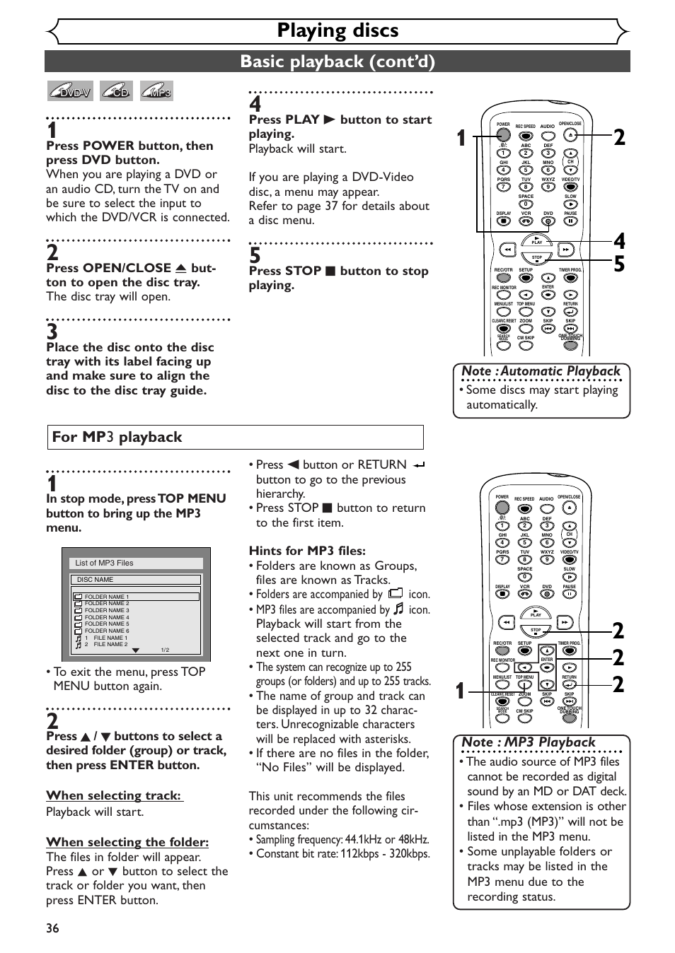Playing discs, Basic playback (cont’d), For mp 3 playback | Press stop c button to stop playing, Some discs may start playing automatically | Sylvania SRDV495 User Manual | Page 36 / 108