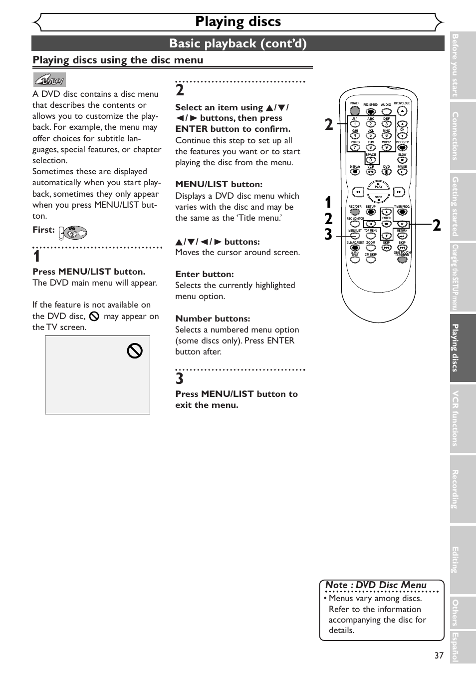 Playing discs, Basic playback (cont’d), Playing discs using the disc menu | Select an item using, Press menu/list button to exit the menu | Sylvania SRDV495 User Manual | Page 37 / 108