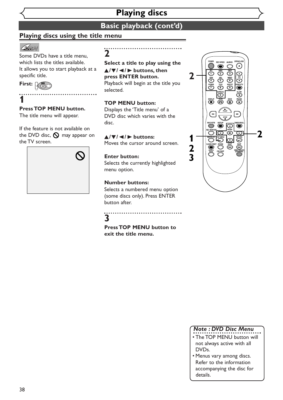 Playing discs, Basic playback (cont’d), Playing discs using the title menu | Select a title to play using the, Press top menu button to exit the title menu | Sylvania SRDV495 User Manual | Page 38 / 108