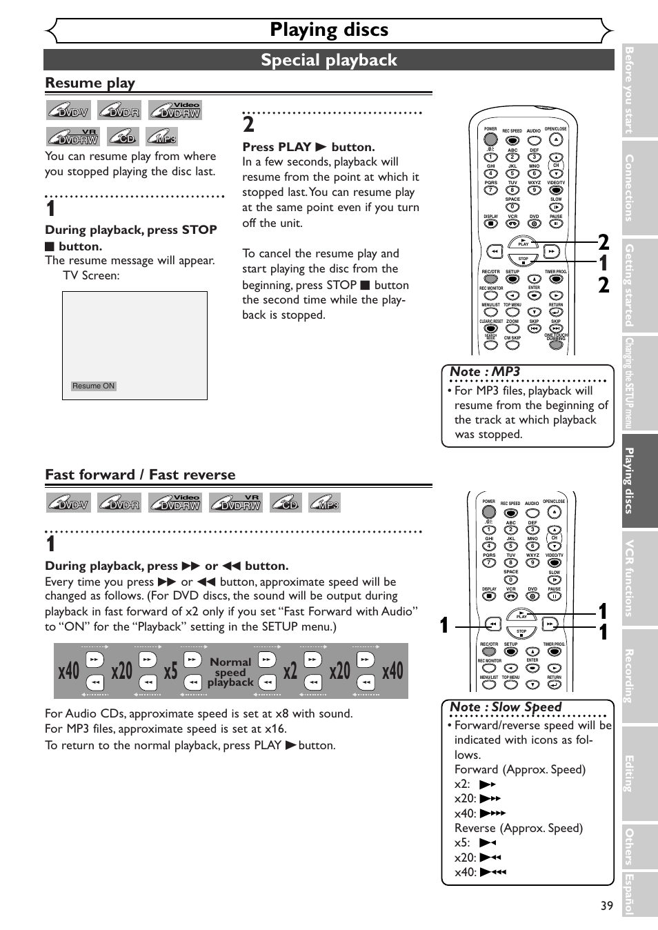 Playing discs, Special playback, Resume play | Fast forward / fast reverse, Normal speed playback | Sylvania SRDV495 User Manual | Page 39 / 108