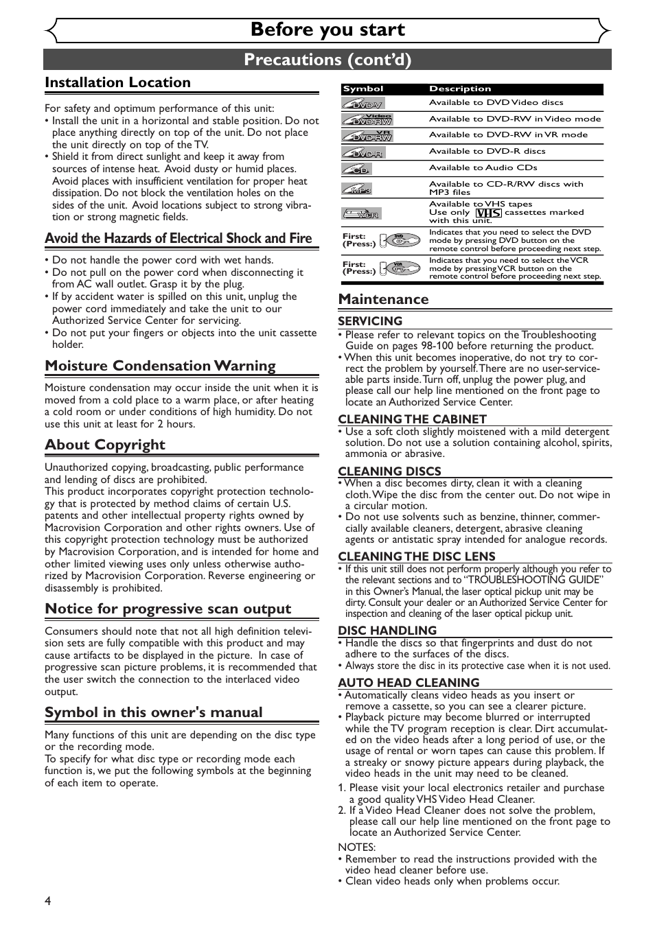 Before you start, Precautions (cont’d), Installation location | Avoid the hazards of electrical shock and fire, Moisture condensation warning, About copyright, Notice for progressive scan output, Symbol in this owner's manual, Maintenance, Servicing | Sylvania SRDV495 User Manual | Page 4 / 108