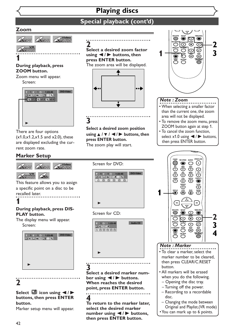 Playing discs, Special playback (cont’d), Zoom | Marker setup | Sylvania SRDV495 User Manual | Page 42 / 108