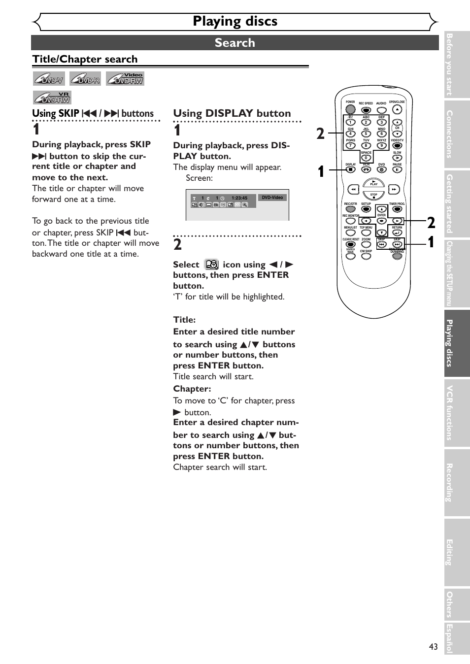 Playing discs, Search, Title/chapter search using skip h / g buttons | Using display button | Sylvania SRDV495 User Manual | Page 43 / 108