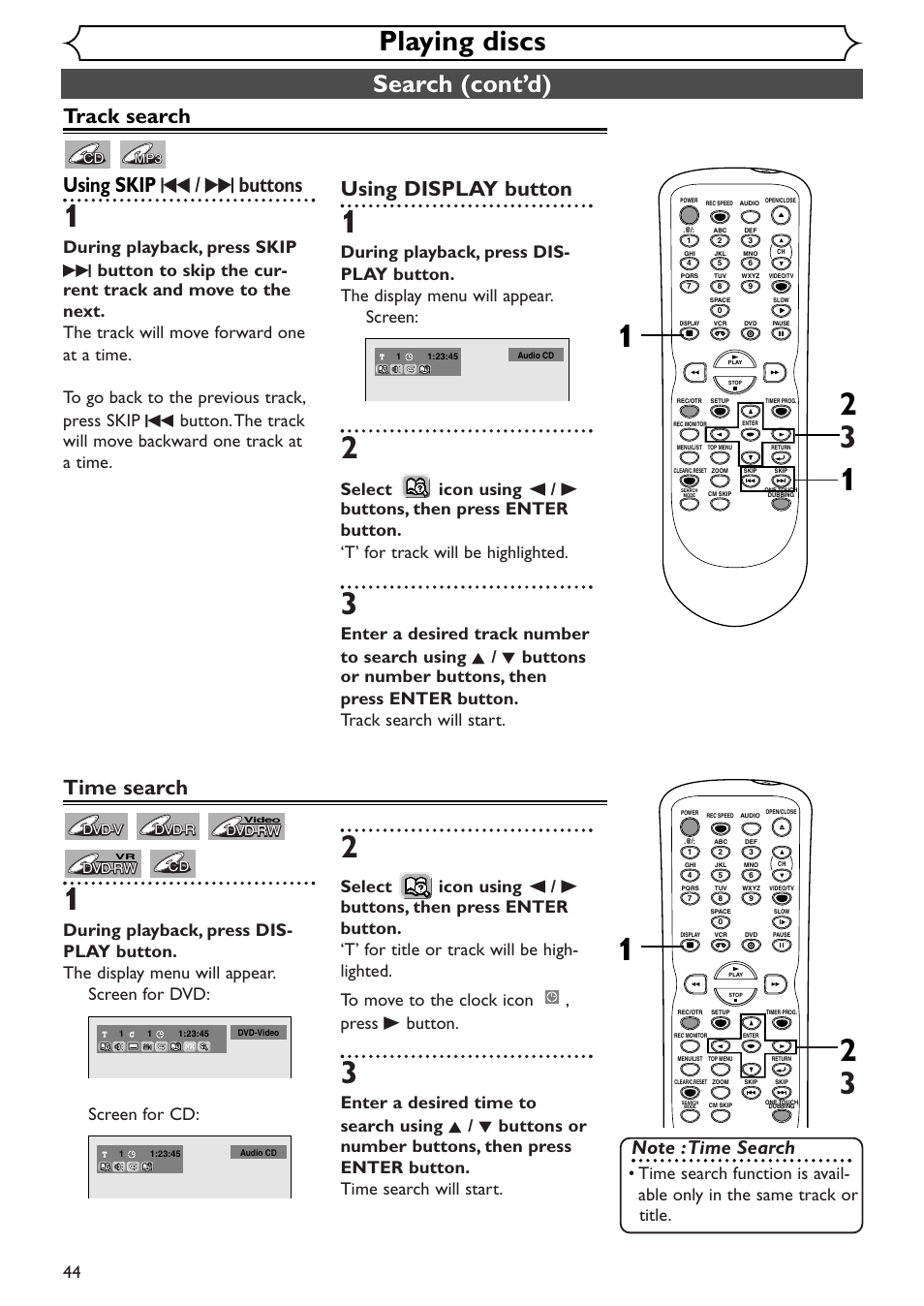 Playing discs, Search (cont’d), Track search using skip h / g buttons | Using display button, Time search | Sylvania SRDV495 User Manual | Page 44 / 108