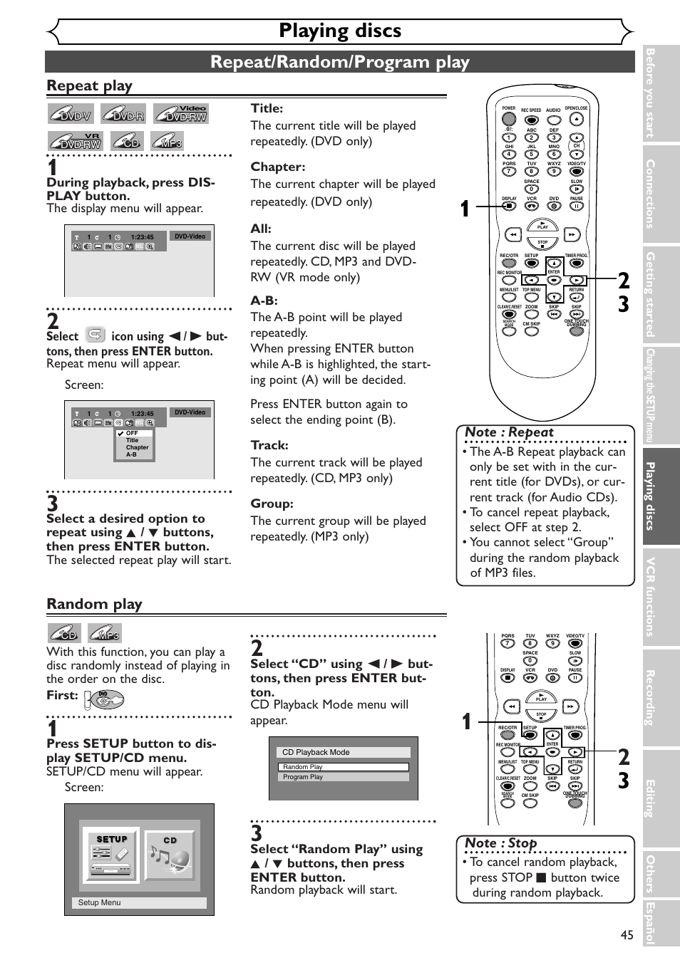 Playing discs, Repeat/random/program play, Repeat play | Random play | Sylvania SRDV495 User Manual | Page 45 / 108