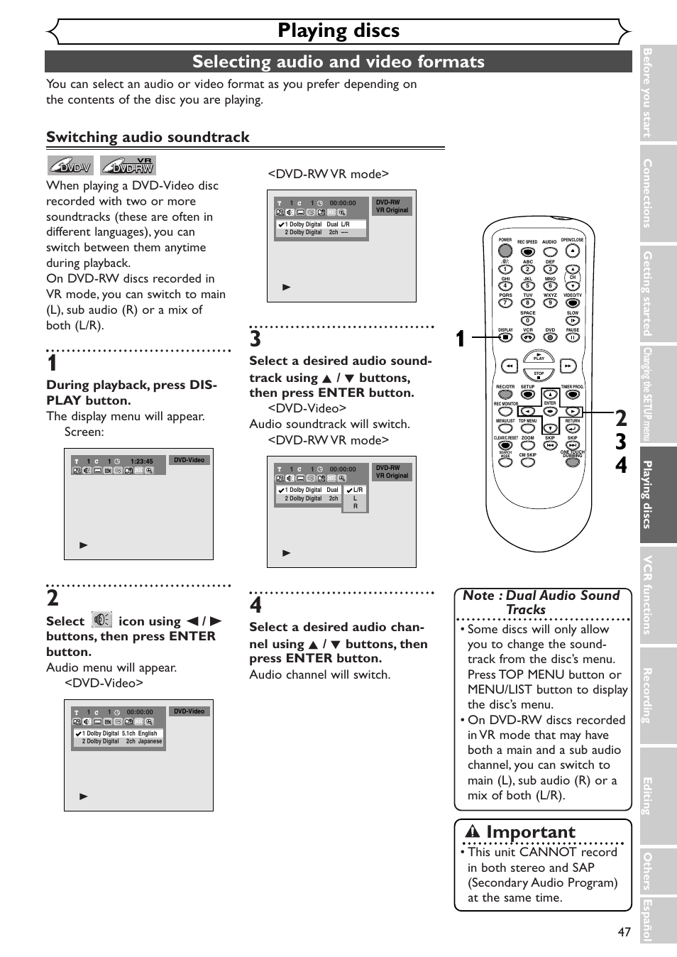 Playing discs, Selecting audio and video formats, Important | Switching audio soundtrack | Sylvania SRDV495 User Manual | Page 47 / 108