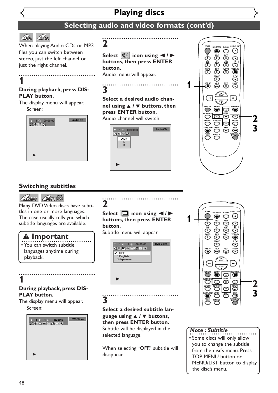 Playing discs, Selecting audio and video formats (cont’d), Important | Switching subtitles | Sylvania SRDV495 User Manual | Page 48 / 108