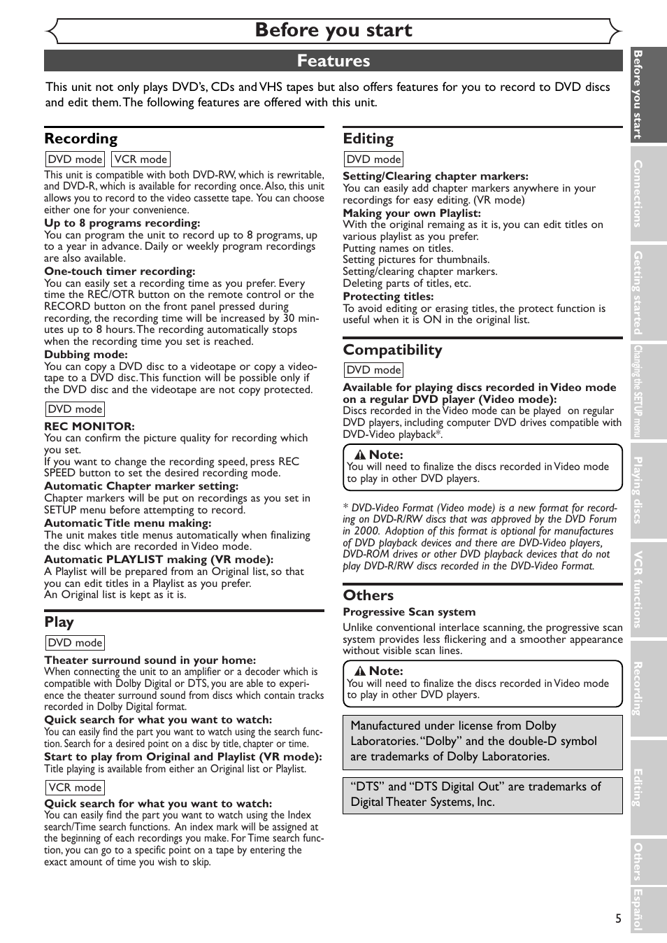 Before you start, Features, Recording | Play, Editing, Compatibility, Others | Sylvania SRDV495 User Manual | Page 5 / 108