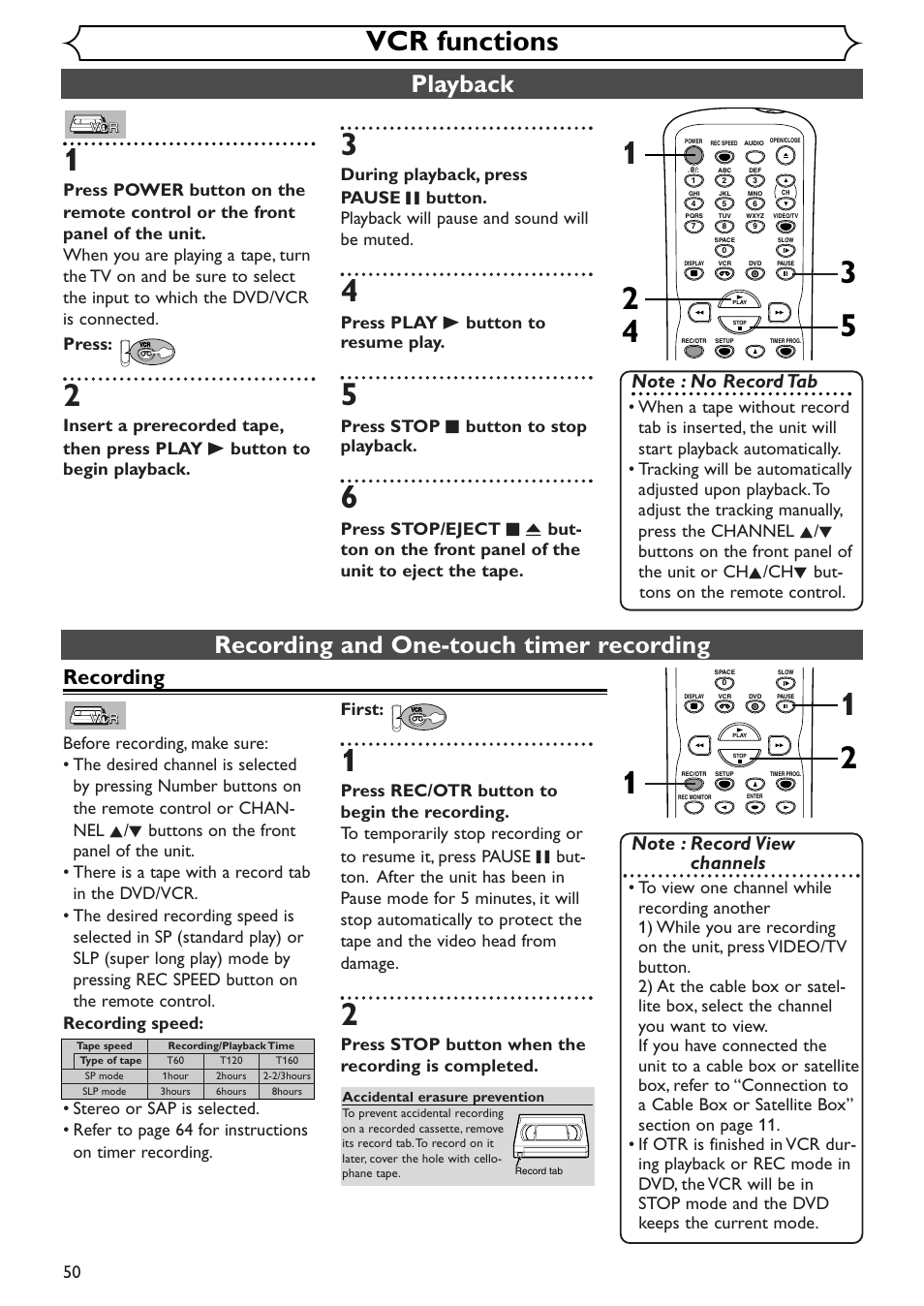 Vcr functions, Playback, Recording and one-touch timer recording | Recording, Press play b button to resume play, Press stop c button to stop playback, Press stop button when the recording is completed | Sylvania SRDV495 User Manual | Page 50 / 108