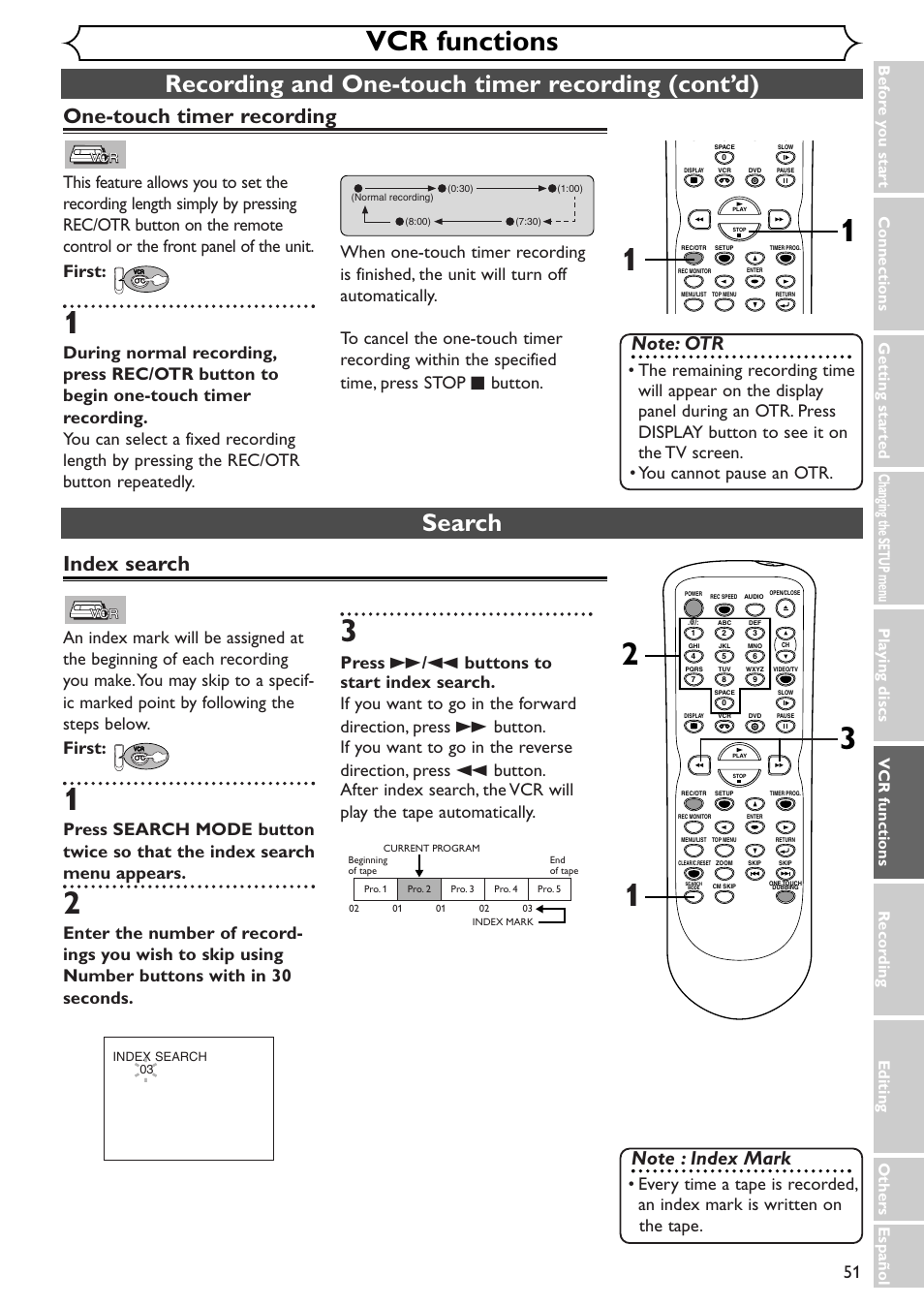 Vcr functions, Recording and one-touch timer recording (cont’d), Search | One-touch timer recording, Index search | Sylvania SRDV495 User Manual | Page 51 / 108