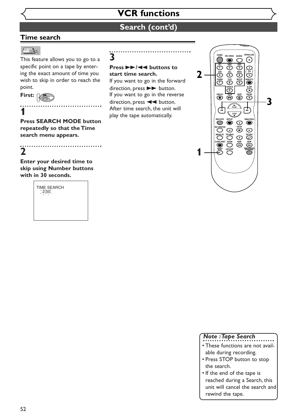 Vcr functions, Search (cont’d), Time search | Sylvania SRDV495 User Manual | Page 52 / 108
