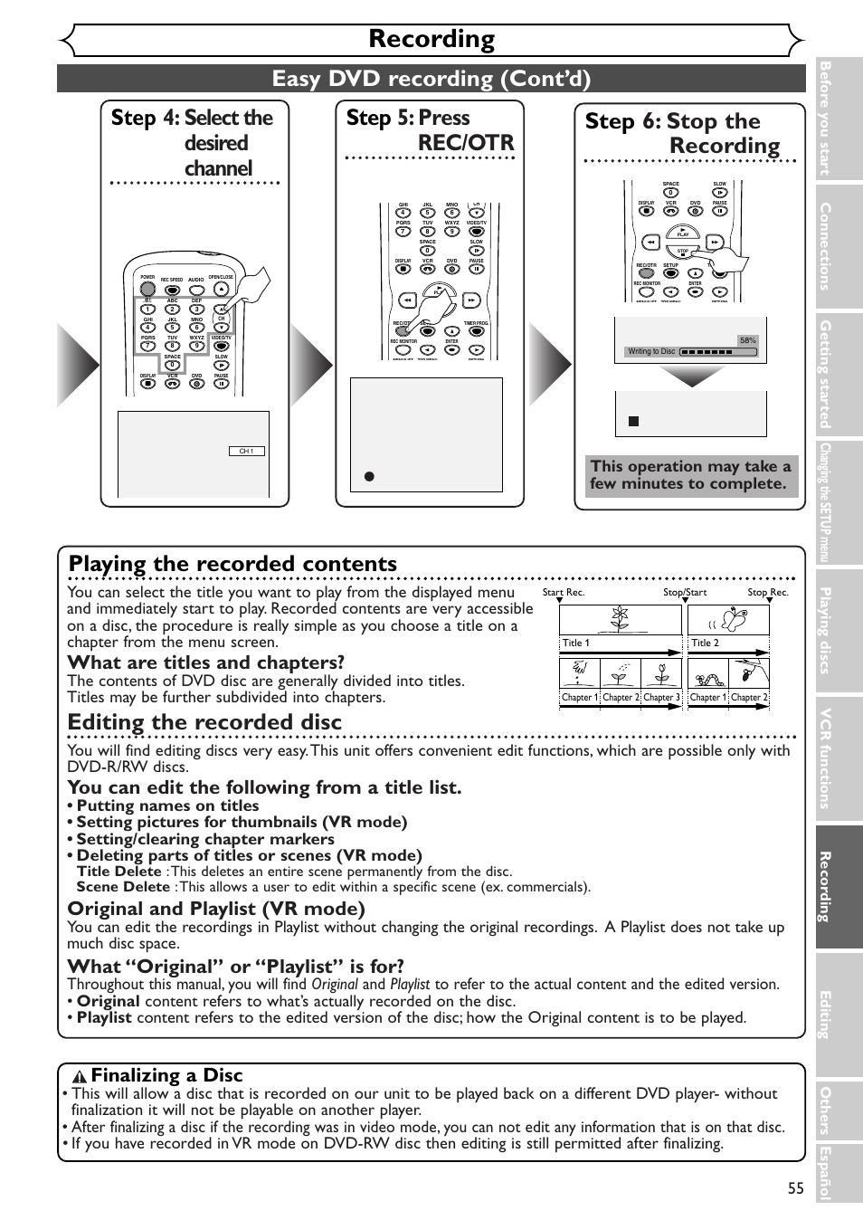 Recording, Easy dvd recording (cont’d), Step 5: press rec/otr | Step 4: select the desired channel, Step 6: stop the recording, Playing the recorded contents, Editing the recorded disc, What are titles and chapters, You can edit the following from a title list, Original and playlist (vr mode) | Sylvania SRDV495 User Manual | Page 55 / 108