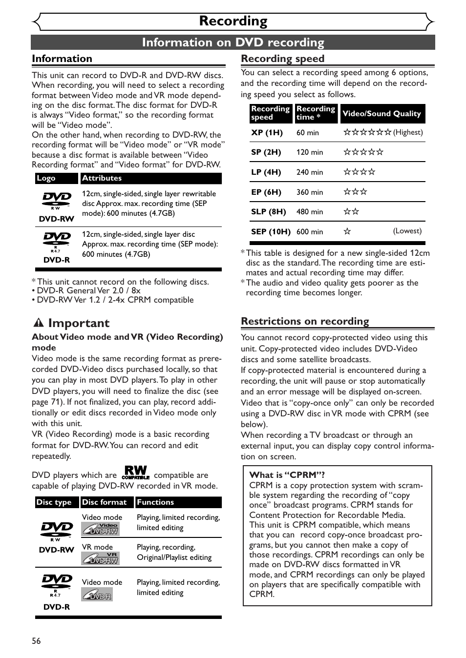 Recording, Information on dvd recording, Important | Information, Recording speed, Restrictions on recording | Sylvania SRDV495 User Manual | Page 56 / 108