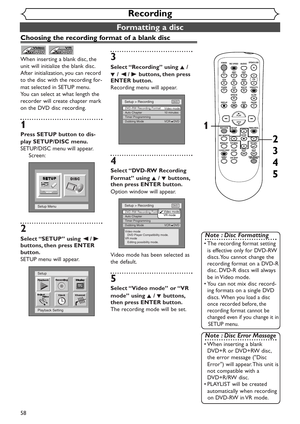 Recording, Formatting a disc, Choosing the recording format of a blank disc | Sylvania SRDV495 User Manual | Page 58 / 108
