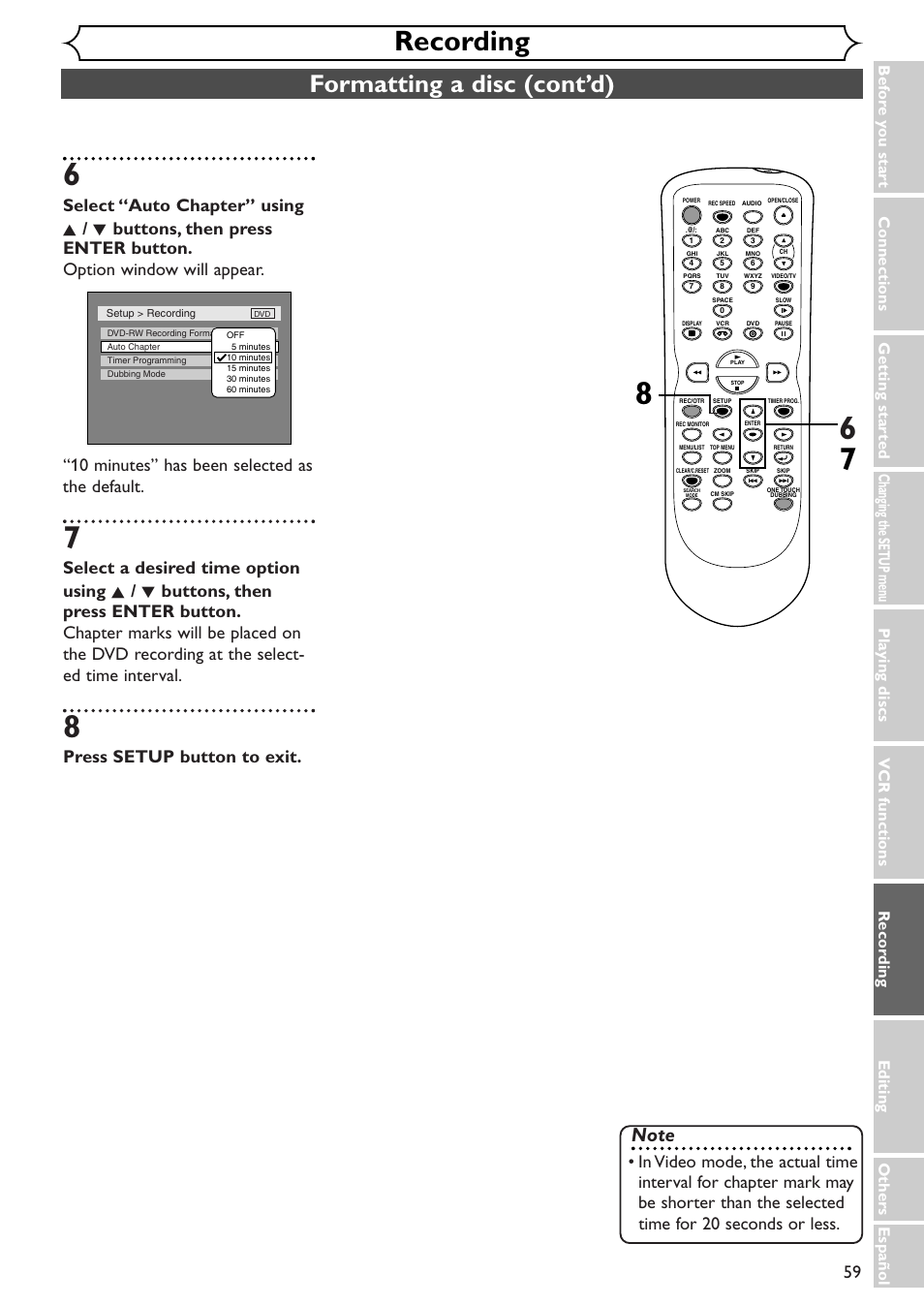 Recording, Formatting a disc (cont’d), Press setup button to exit | Sylvania SRDV495 User Manual | Page 59 / 108
