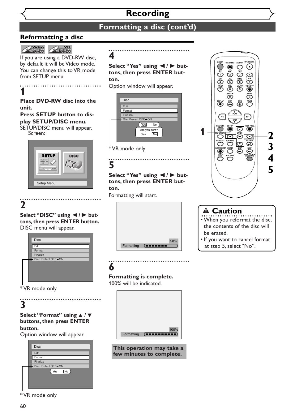 Recording, Formatting a disc (cont’d), Caution | Reformatting a disc | Sylvania SRDV495 User Manual | Page 60 / 108