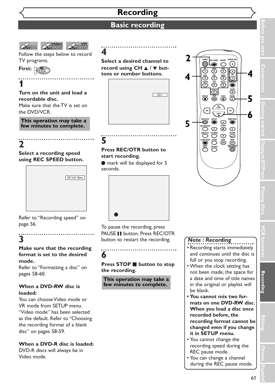 Recording, Basic recording, This operation may take a few minutes to complete | Sylvania SRDV495 User Manual | Page 61 / 108