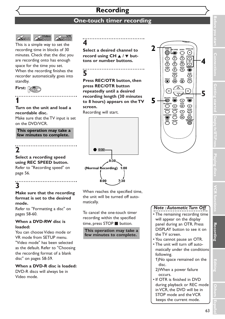 Recording, One-touch timer recording, This operation may take a few minutes to complete | Sylvania SRDV495 User Manual | Page 63 / 108