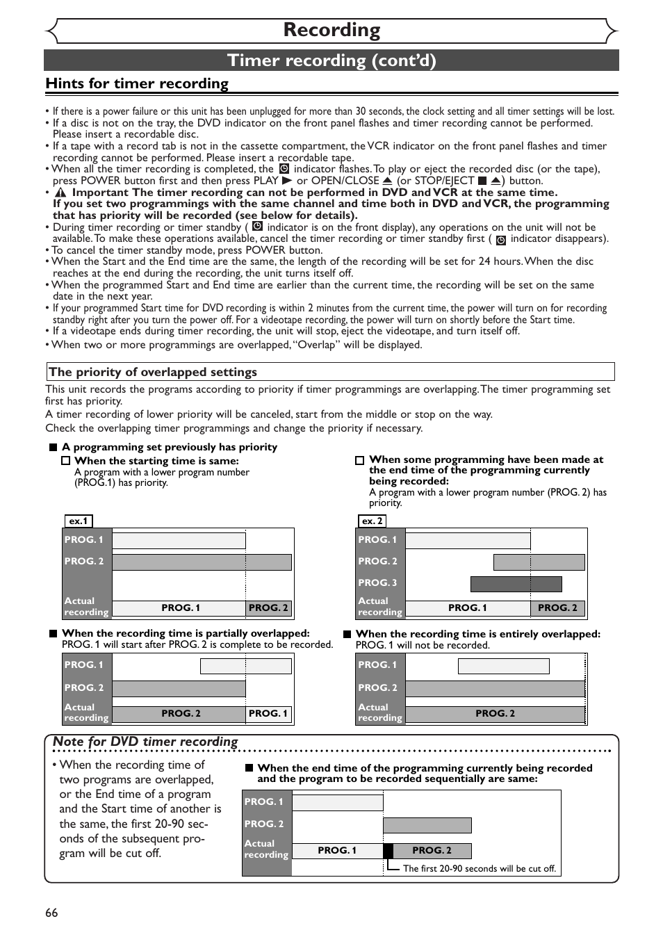 Recording, Timer recording (cont’d), Hints for timer recording | Sylvania SRDV495 User Manual | Page 66 / 108