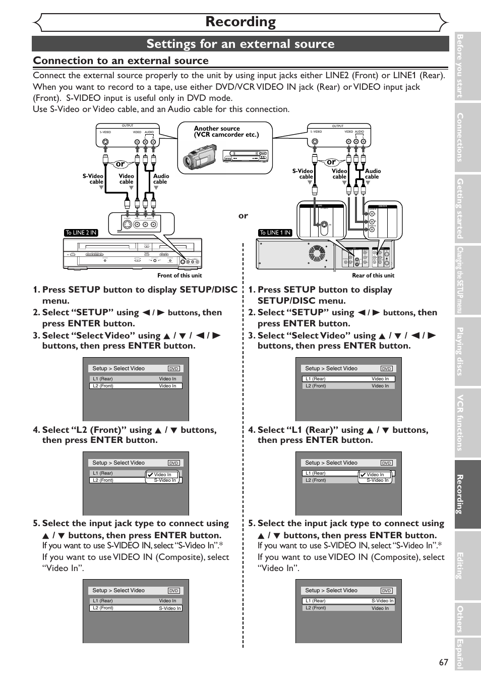 Recording, Settings for an external source, Connection to an external source | B buttons | Sylvania SRDV495 User Manual | Page 67 / 108