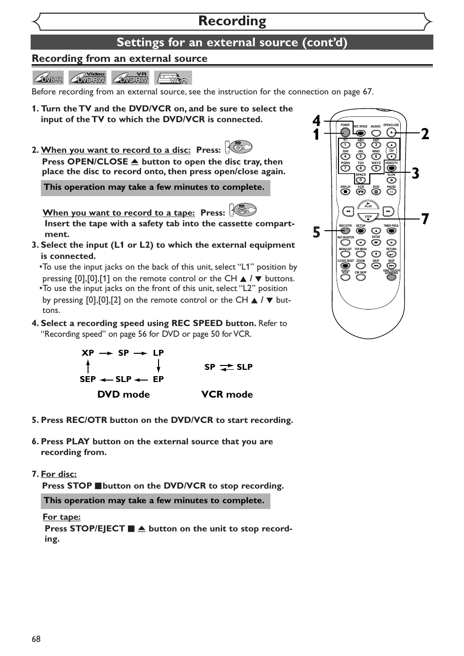 Recording, Settings for an external source (cont’d), Recording from an external source | Vcr mode, Dvd mode, This operation may take a few minutes to complete, Sp slp, Xp sp lp ep slp | Sylvania SRDV495 User Manual | Page 68 / 108