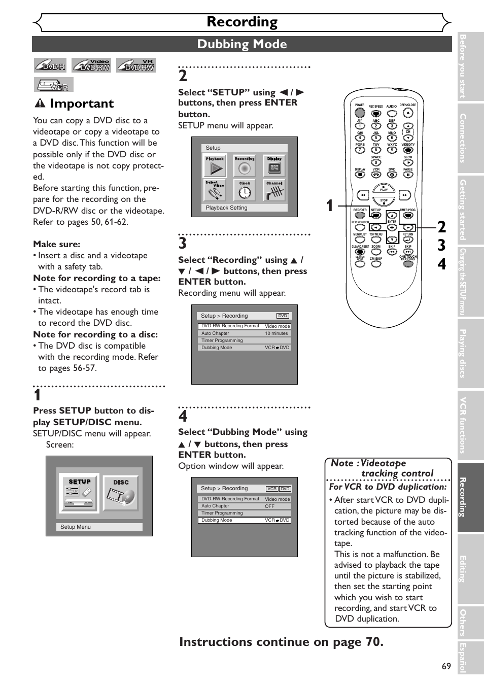 Recording, Dubbing mode, Important | Instructions continue on page 70 | Sylvania SRDV495 User Manual | Page 69 / 108