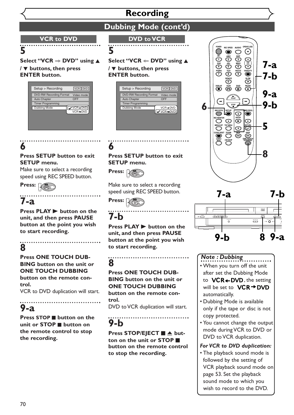 Recording, Dubbing mode (cont’d), Dvd to vcr | Vcr to dvd, Press, Button on the unit or stop, Button on the remote control to stop the recording | Sylvania SRDV495 User Manual | Page 70 / 108