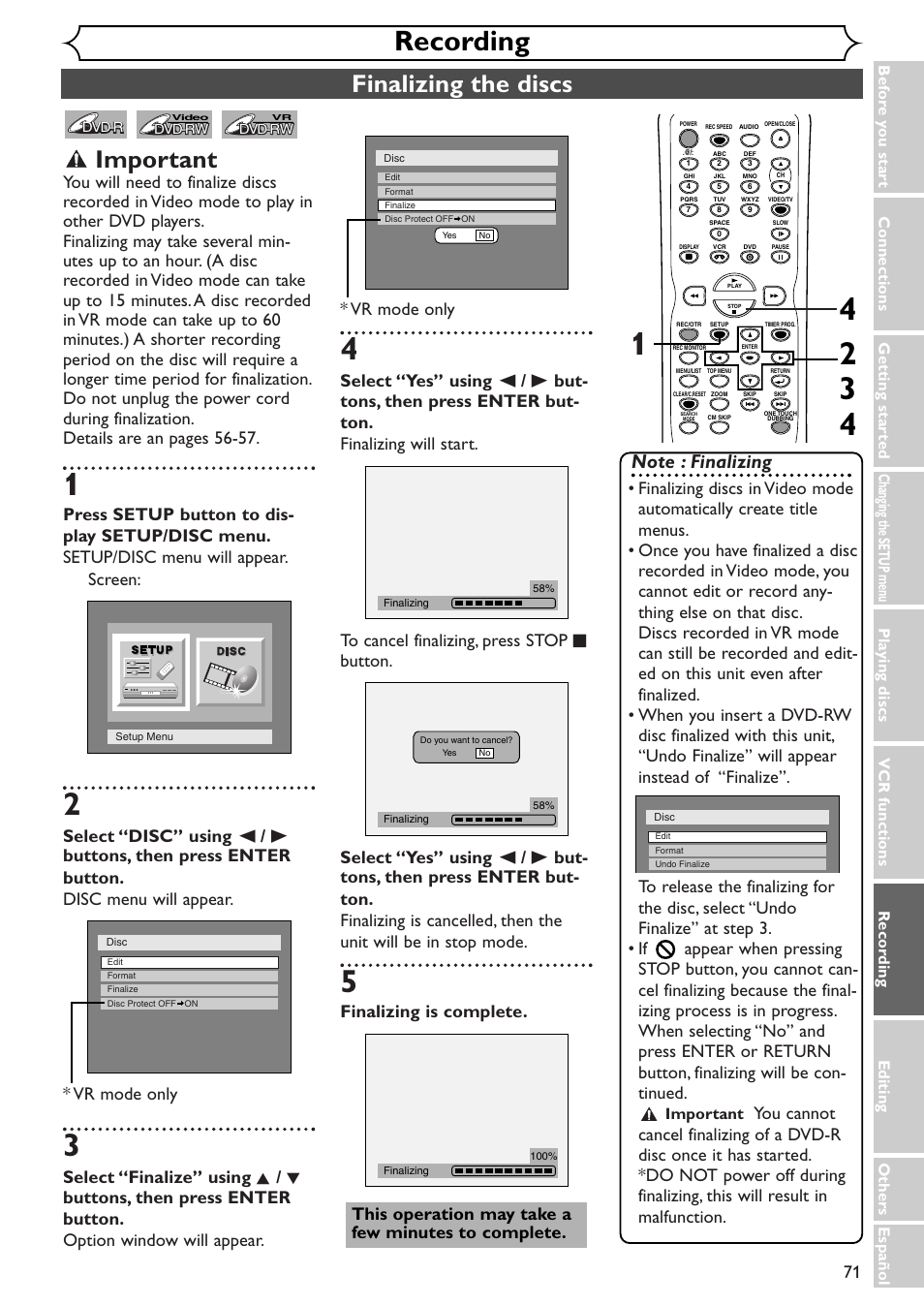 Recording, Finalizing the discs, Important | Sylvania SRDV495 User Manual | Page 71 / 108