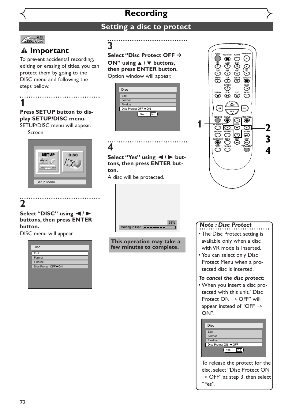 Recording, Setting a disc to protect, Important | Sylvania SRDV495 User Manual | Page 72 / 108