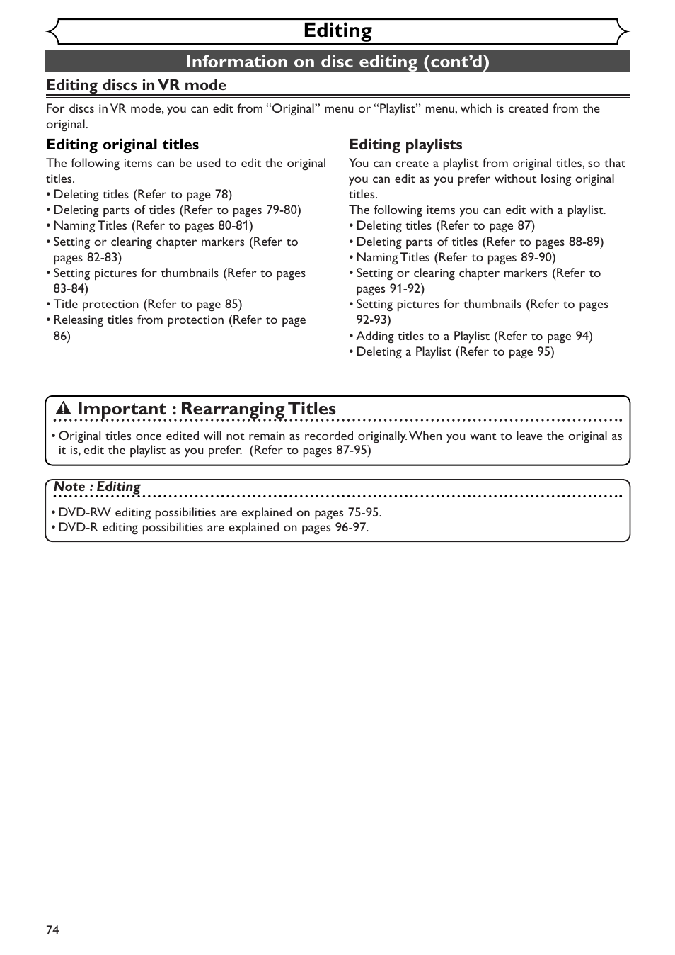 Editing, Information on disc editing (cont’d), Important : rearranging titles | Sylvania SRDV495 User Manual | Page 74 / 108