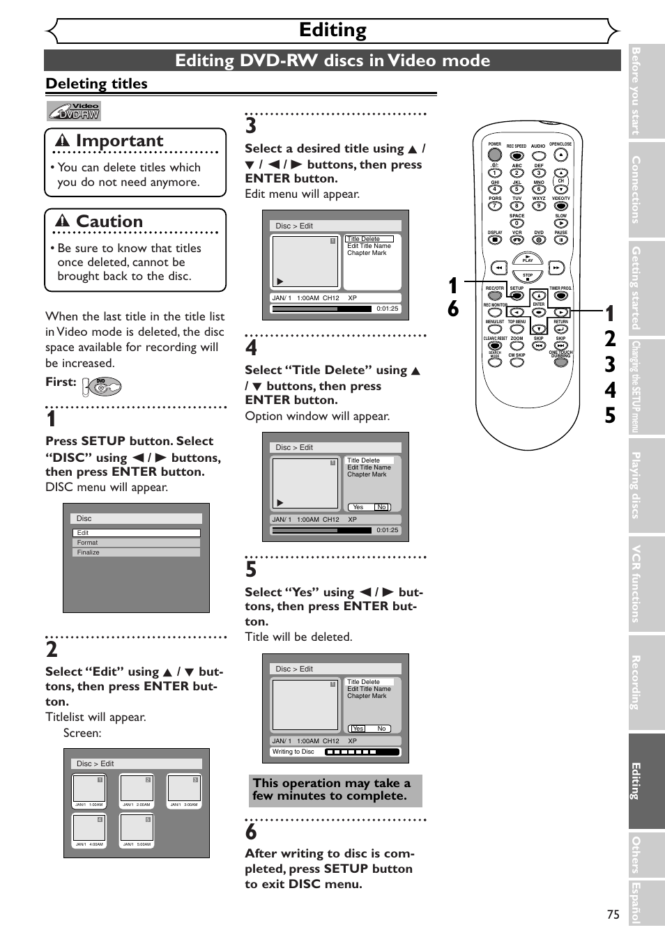 Editing, Editing dvd-rw discs in video mode, Important | Caution, Deleting titles | Sylvania SRDV495 User Manual | Page 75 / 108