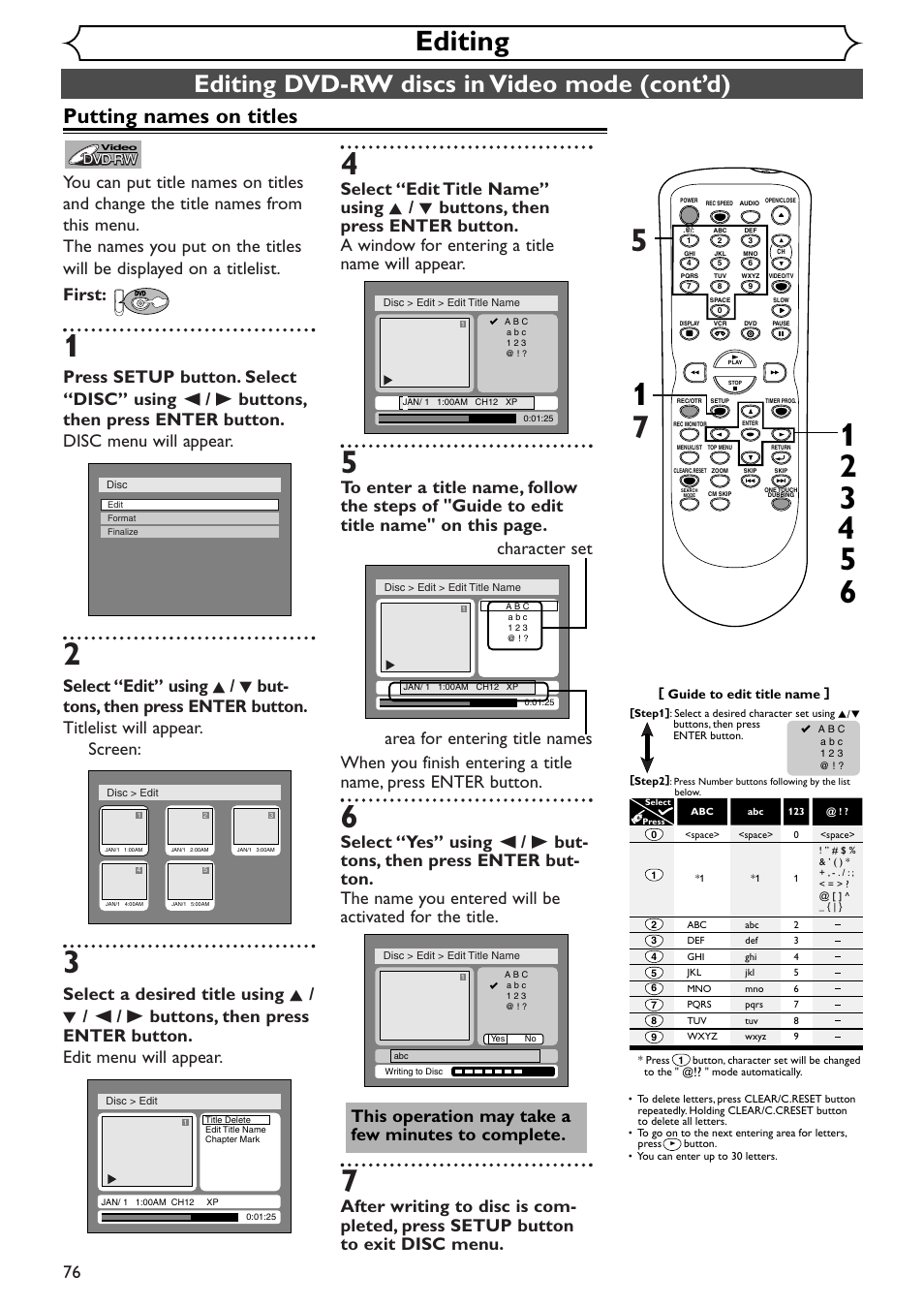 Editing, Editing dvd-rw discs in video mode (cont’d), Putting names on titles | Sylvania SRDV495 User Manual | Page 76 / 108
