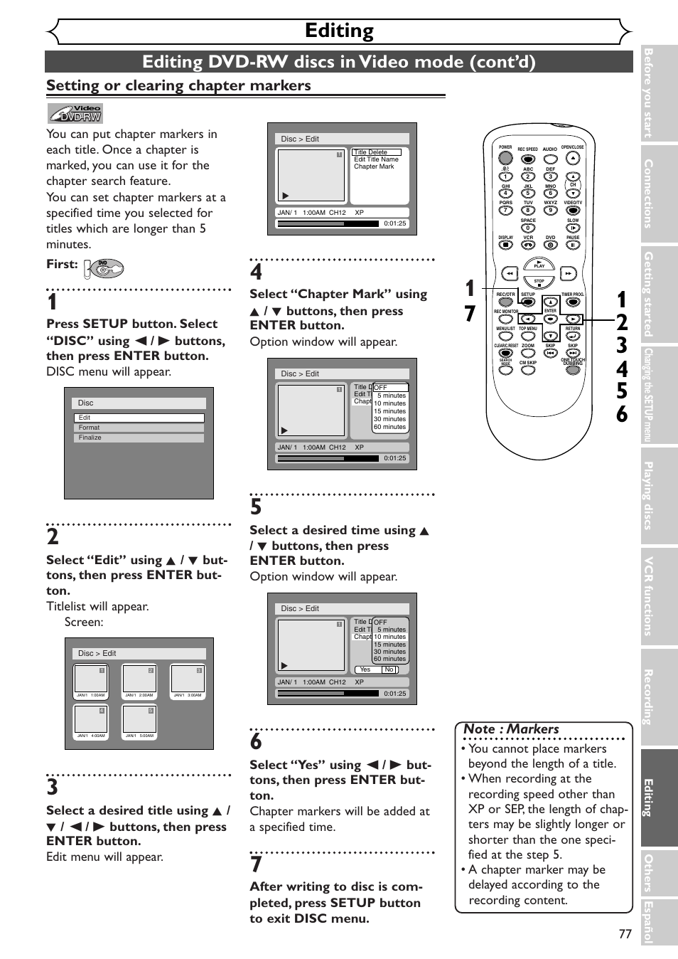 Editing, Editing dvd-rw discs in video mode (cont’d), Setting or clearing chapter markers | Sylvania SRDV495 User Manual | Page 77 / 108