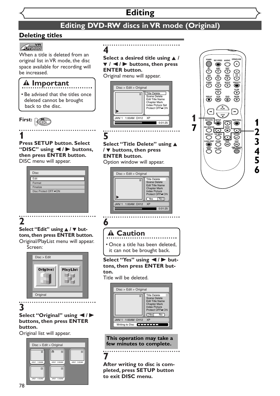 Editing, Editing dvd-rw discs in vr mode (original), Important | Caution, Deleting titles | Sylvania SRDV495 User Manual | Page 78 / 108