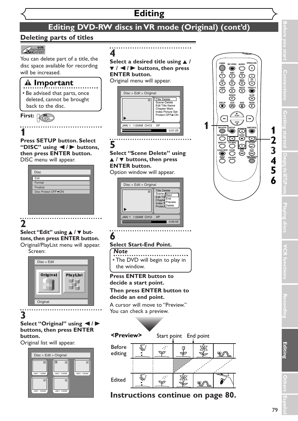 Editing, Important, Instructions continue on page 80 | Deleting parts of titles, Preview, Edited start point end point, The dvd will begin to play in the window | Sylvania SRDV495 User Manual | Page 79 / 108