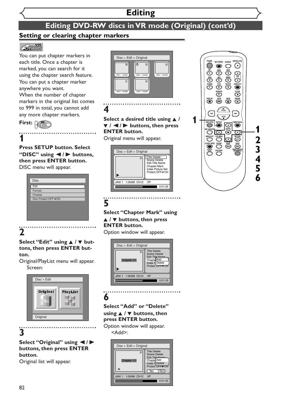 Editing, Setting or clearing chapter markers | Sylvania SRDV495 User Manual | Page 82 / 108